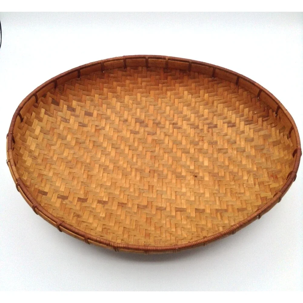 Vtg Bamboo Woven Basket Oval Handmade Storage Gathering Bowl Boho Home Decor 15